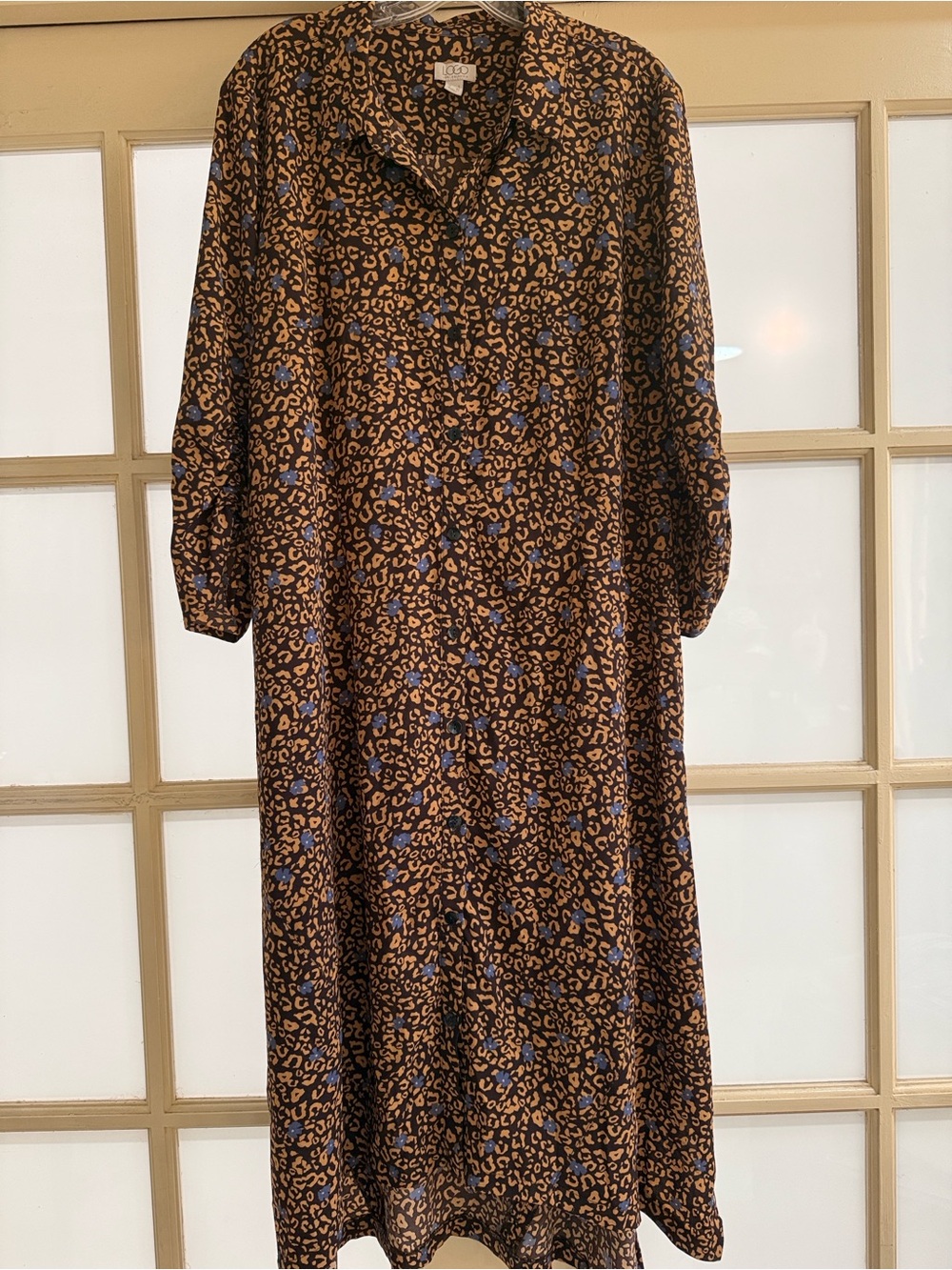LOGO by Lori Goldstein Brown Leopard Print Long Dress Collar Buttons Down L US